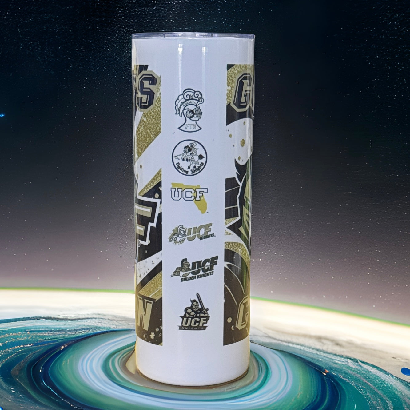 UCF Knights Knightro All UCF Athletics Logos Go Knights Charge On 20 oz Skinny Tumbler