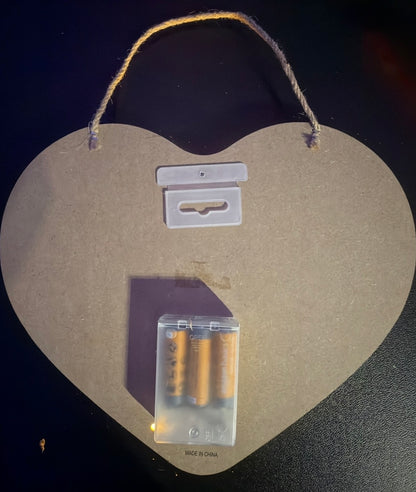 We Love Because He First Loved Us Laser Engraved LED Heart Shaped Laser Engraved Wood Sign