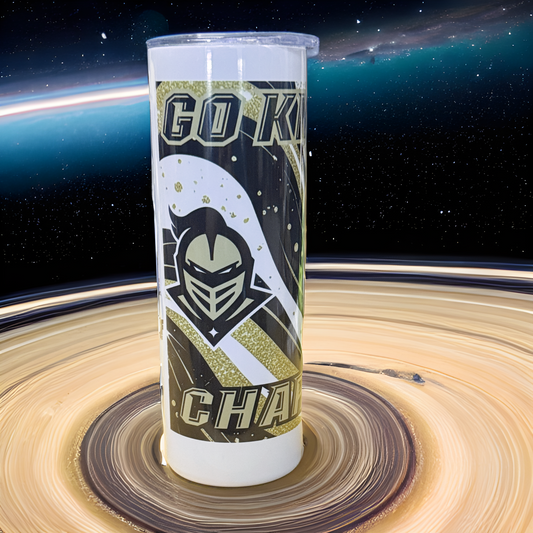 UCF Knights Knightro All UCF Athletics Logos Go Knights Charge On 20 oz Skinny Tumbler