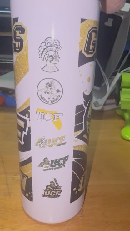 UCF Knights Knightro All UCF Athletics Logos Go Knights Charge On 20 oz Skinny Tumbler